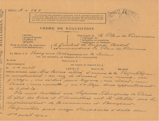 Ordre de réquisition des locaux de l’école, daté du 1er avril 1940. © AM de Rosny-sous-Bois