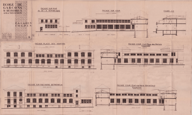 Plan des façades pour l’agrandissement de l’école par l’architecte Gaston NEAU (avril 1964).