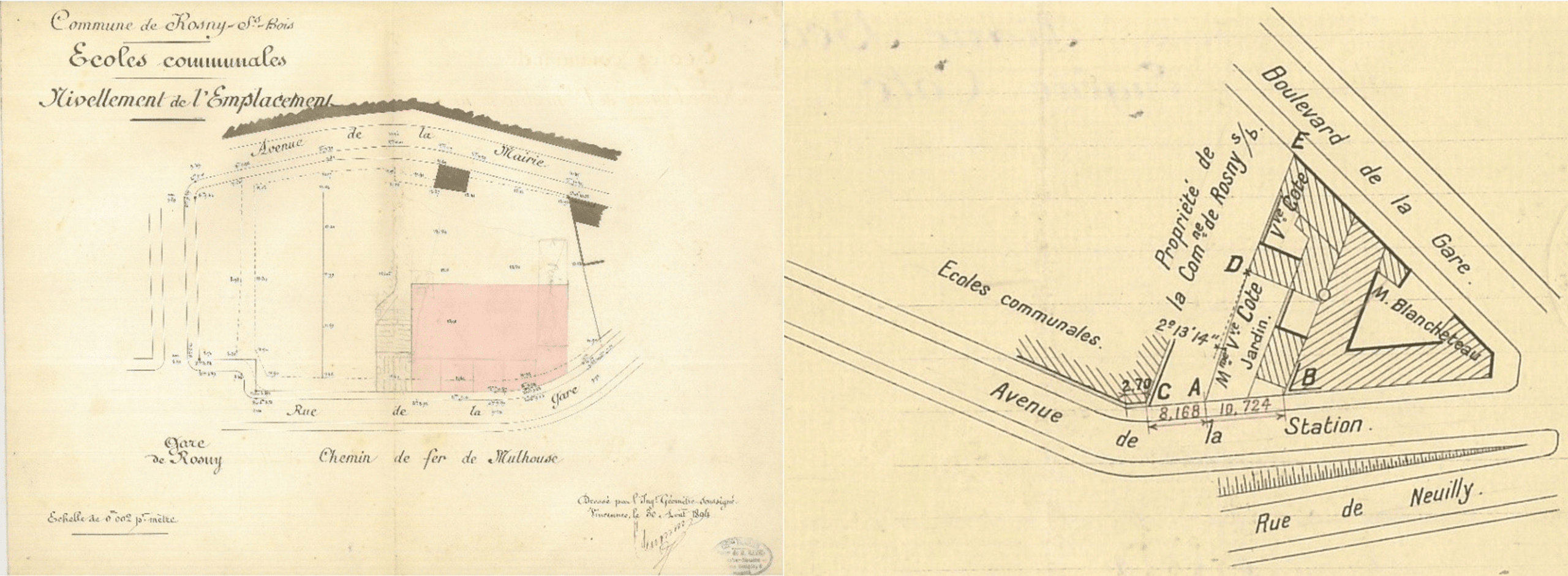 Plan de nivellement dressé par l’ingénieur HUGUIN montrant, en rose, l’emplacement de construction de la future Ecole de garçons (30/08/1894). © AM de Rosny-sous-Bois