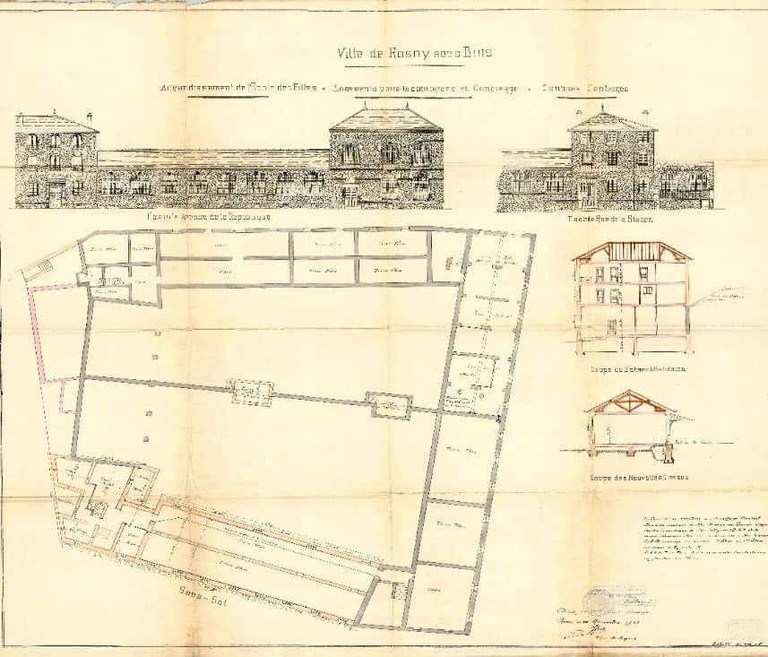Plan pour l’agrandissement de l’Ecole de filles par l’architecte Huet (novembre 1913) : sous-sols et élévations. 